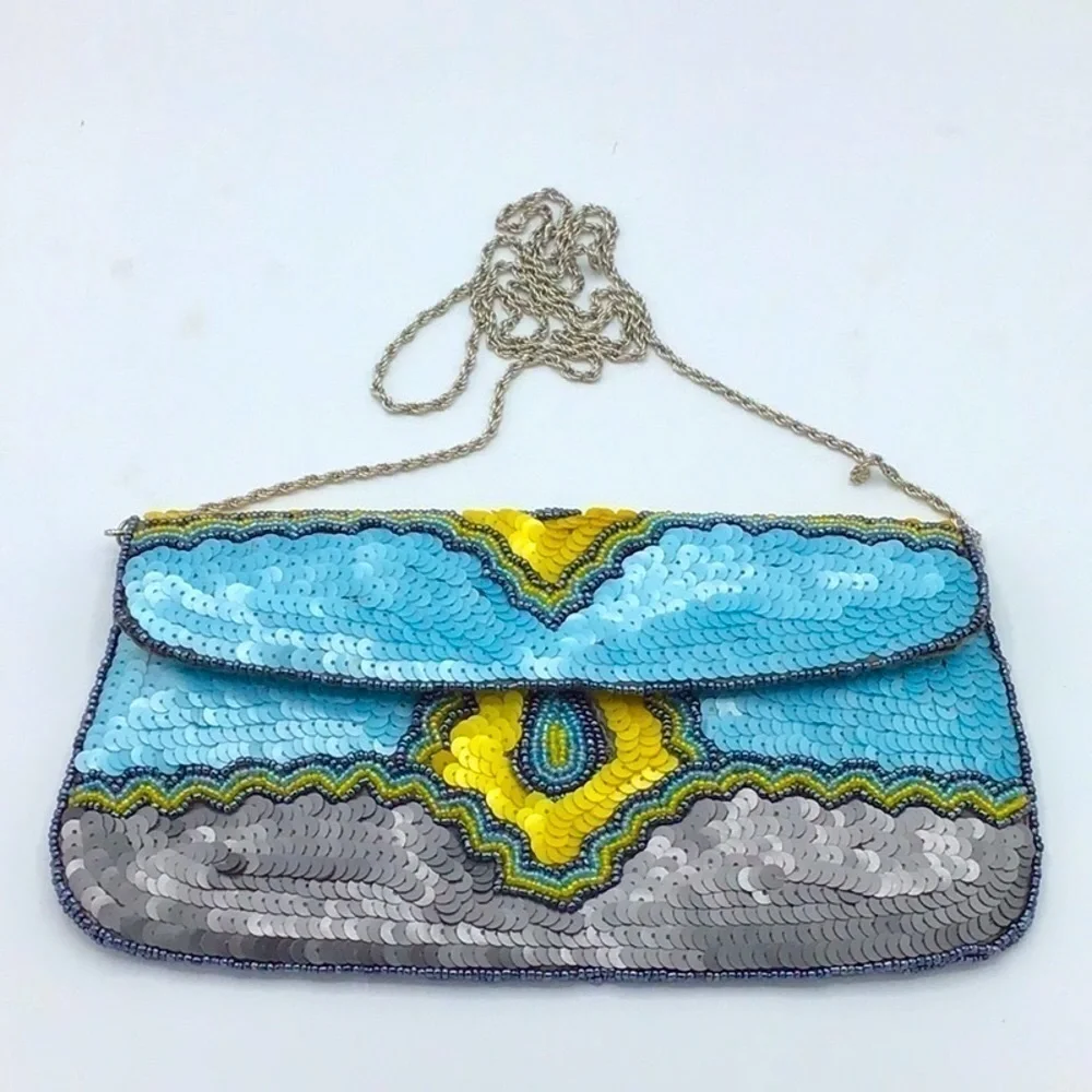 KC MALHAN AQUA BALI SEQUIN BEADED CLUTCH HANDBAG